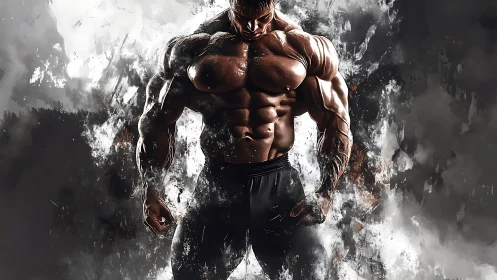 Storm-forged bodybuilder framed in smoky painted power.