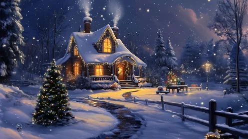 Snow-covered cabin glows warmly under festive winter night sky