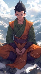 Male anime figure sits cross-legged on snowy mountain summit