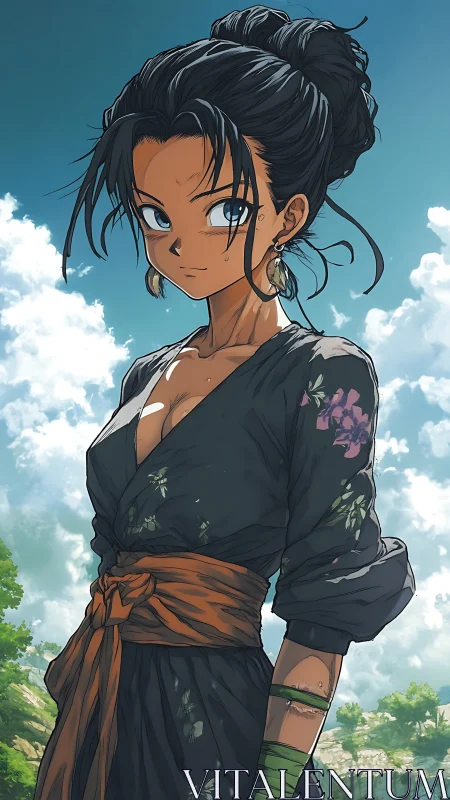 Anime warrior girl in floral robe under bright summer sky.