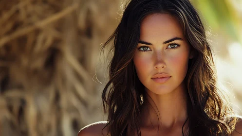 Sunlit portrait captures intense gaze with warm natural tones