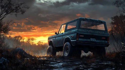 Off-road SUV silhouette in cinematic sunset wetlands scene.