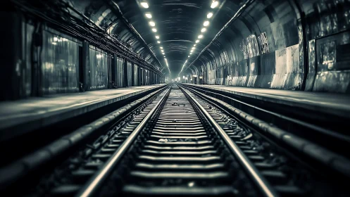 Symmetrical subway tunnel rails in cinematic low-key light.