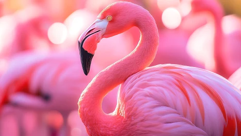 Close-up profile view isolates single pink flamingo subject.