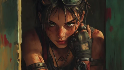 Grit-flecked scavenger girl glares through the rusted doorway.