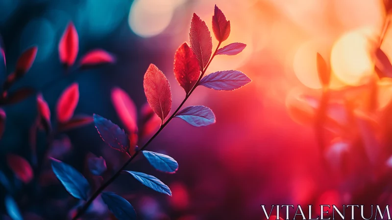 Close-up foliage branch under vivid bicolor backlighting.
