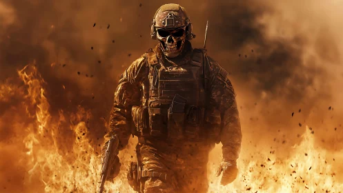 Armored skull-masked soldier advancing through blazing inferno.