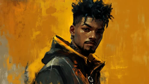 Digital portrait depicts a man in jacket against orange field