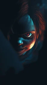 Sinister doll portrait under moody teal and orange light.