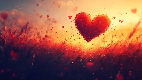 Large Red Heart Shape Floating Over Field Landscape