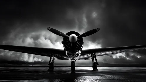 Vintage propeller aircraft on wet runway in dark stormy light.