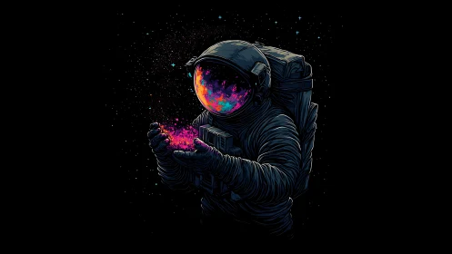 Cosmic astronaut cradles neon galaxy dust in deep space.