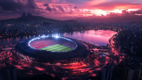 Vast riverside stadium glows under dramatic sunset sky.