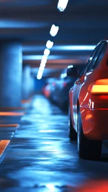 Neon-lit orange car in shallow-focus underground parking lane