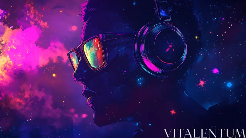 Nebula headphones and neon glasses score a cosmic playlist.
