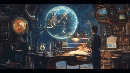 Midnight dreamer studies a glowing world in a retro lab