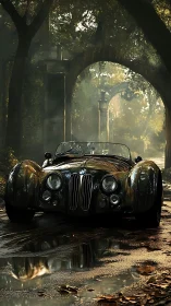 Vintage BMW roadster rendered in wet reflective forest roadway