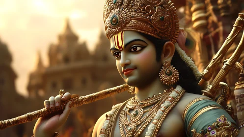 Ornate warrior prince gazes calmly through molten sunset gold