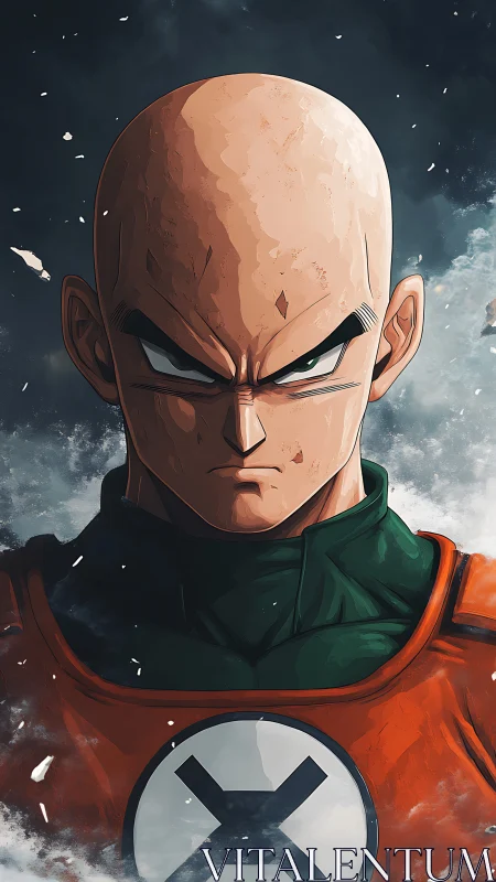 Intense bald warrior portrait with stormlit heroic stance.