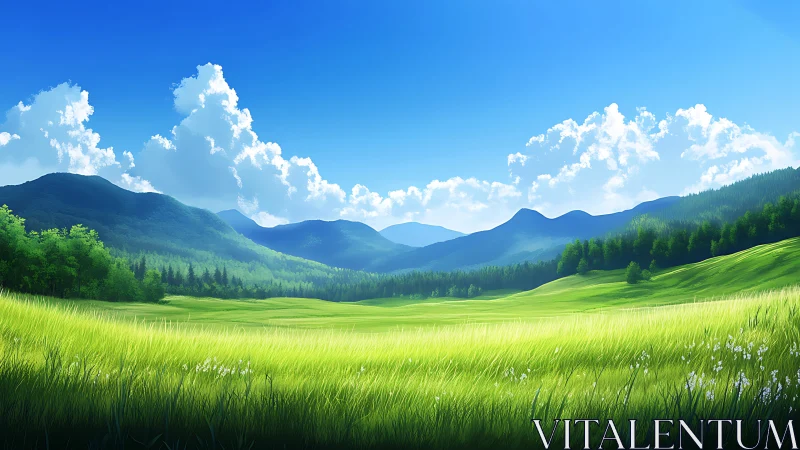 Luminous mountain valley with stratified cloud and light fields.