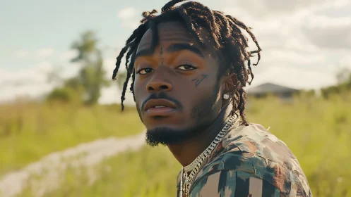 Portrait shows man with braided hair seated in outdoor field