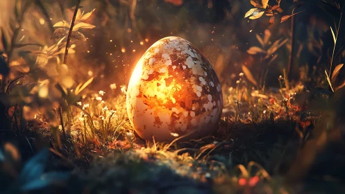 Glowing forest egg cradled in soft moss and golden light.