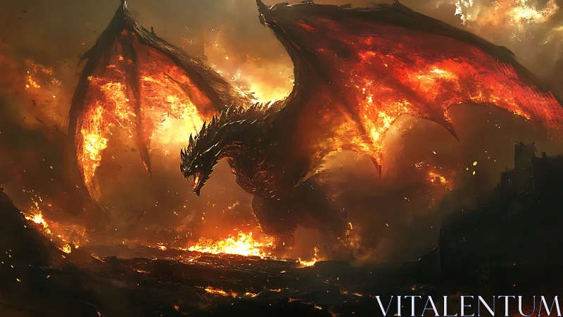 Volcanic inferno dragon with incandescent wings over ruins