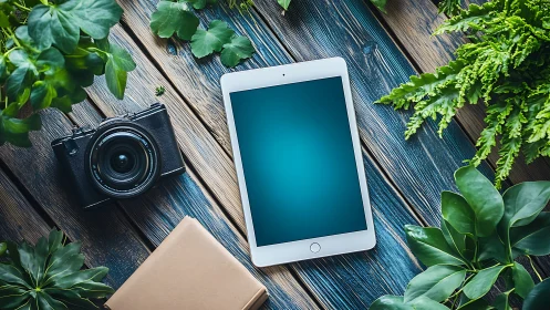 White Tablet Dreams: Workspace Serenity Meets Digital Wilderness.