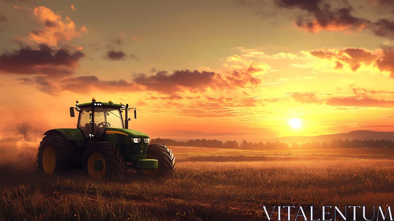Sunlit green tractor rolling through a peaceful evening field.