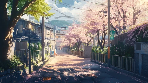 Cherry blossom street bathes quiet neighborhood in spring light.