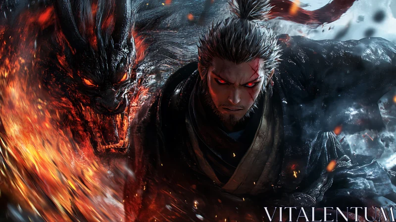 Demonic yokai warrior in high-energy elemental convergence.