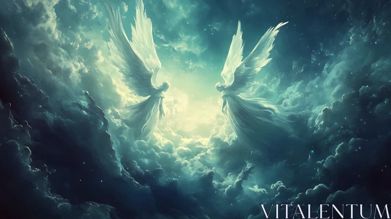 Backlit celestial angels emerge symmetrically from luminous clouds