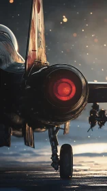 Afterburner-ready fighter jet tail in dusk rim lighting.