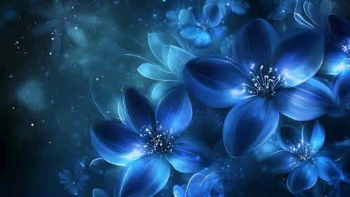 Digitally rendered blue flowers with bioluminescent glow and particle effects