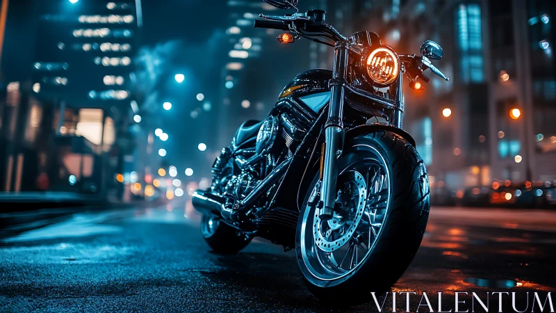 Motorcycle on wet urban street under night city lights.