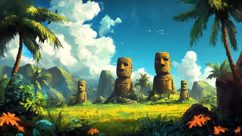 Stone moai statues stand on lush tropical island landscape