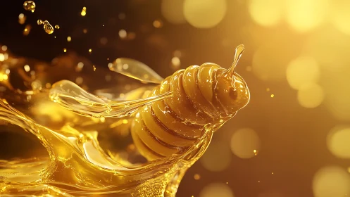 Viscous honey bee sculpture rendered with high-gloss fluid dynamics