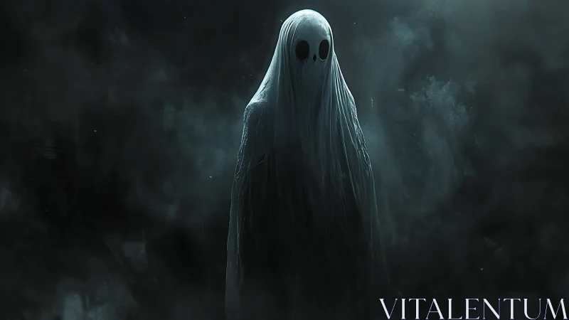 Solitary ghostly figure in dark atmospheric misty void.