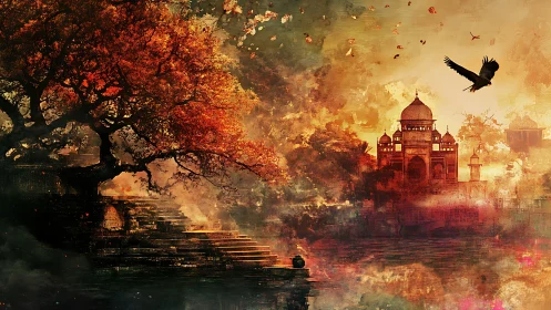 Autumn temple skyline with crimson tree and misted waterway.