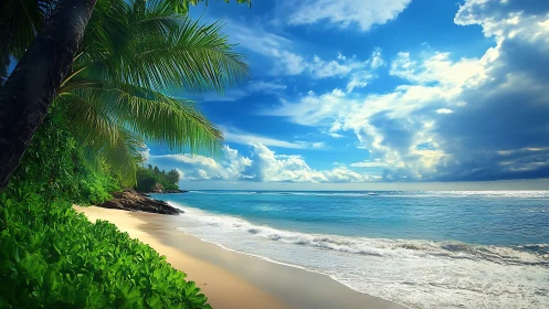Tropical Beach Coastline with Palm Trees.