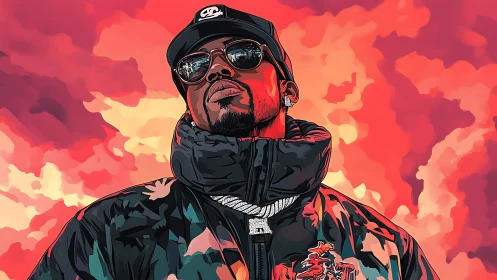 Confident streetwear star stands bold against a blazing sky