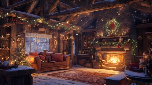 Rustic timber cabin interior with decorated stone fireplace.