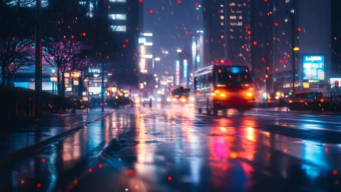 Neon city buses glide through a rainy, reflective night street