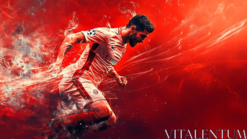 Dynamic soccer player sprinting in red energy burst art