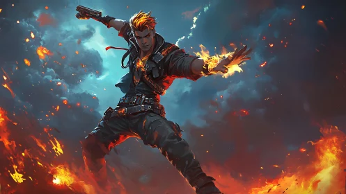 Fire-wielding warrior in mid-air pose amid dynamic explosive clouds