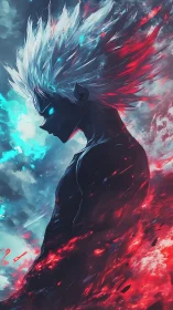 Powerful anime figure with glowing hair amid fire and ice.