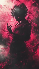 Dark anime warrior burns within crimson inferno mist