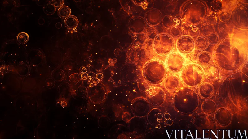 Glowing fiery circles swirl in a cosmic abstract inferno