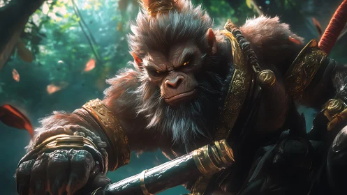 Warrior monkey king poised for adventure in lush forest.