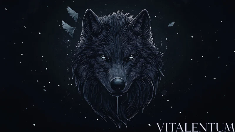 Midnight wolf spirit stares through snow and broken wings.